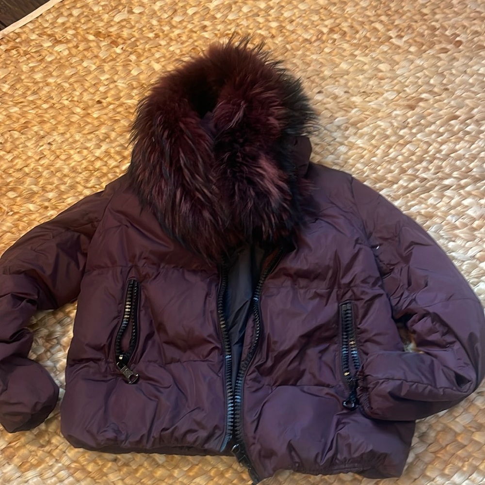 Moncler like new worn once burgundy asiatic raccoon fur collar jacket size 1